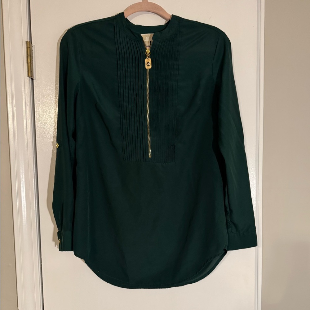 Michael Kors Dark Green Blouse Gold Zipper long sleeve or 3/4 Christmas top